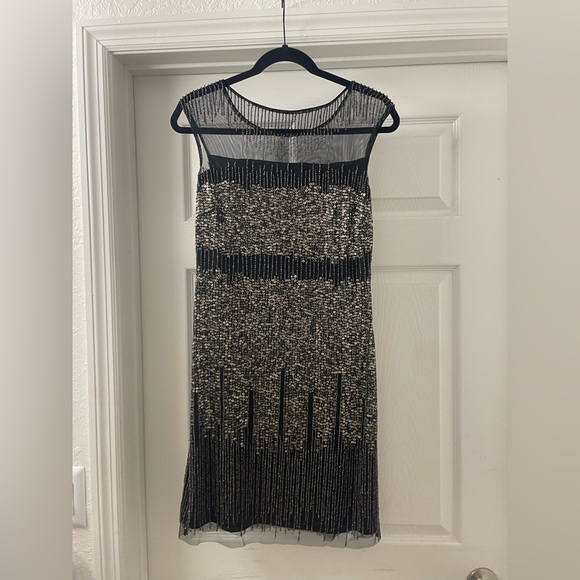 NWT Adrianna Papell hand beaded black dress. Size 6. Mesh see-through neckline
